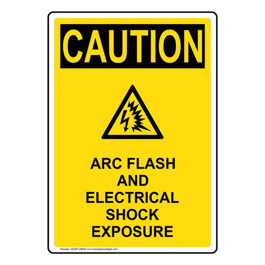 Portrait OSHA CAUTION Arc Flash And Electrical Shock Exposure Sign With Symbol OCEP-28658
