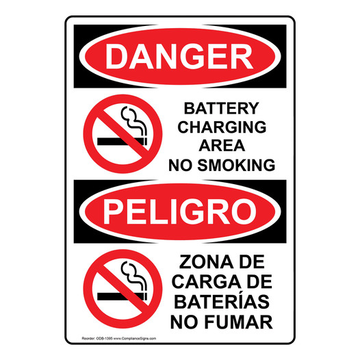 English + Spanish OSHA DANGER Battery Charging Area No Smoking Sign With Symbol ODB-1395