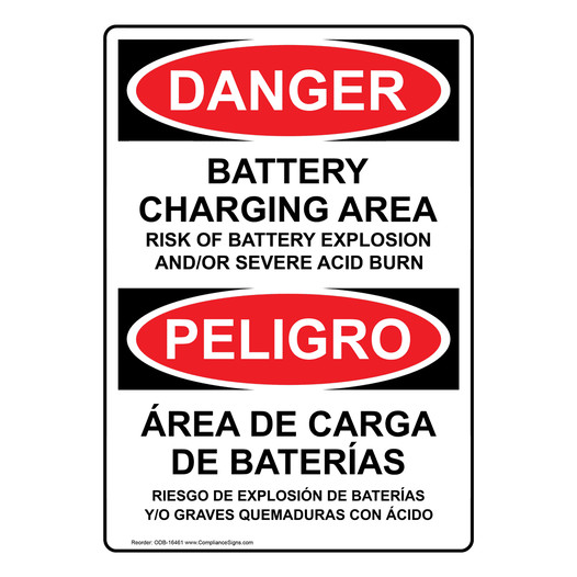 English + Spanish OSHA DANGER Battery Charging Area Risks Sign ODB-16461