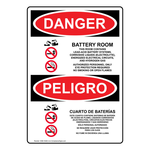 English + Spanish OSHA DANGER Battery Room Sign With Symbol ODB-16462