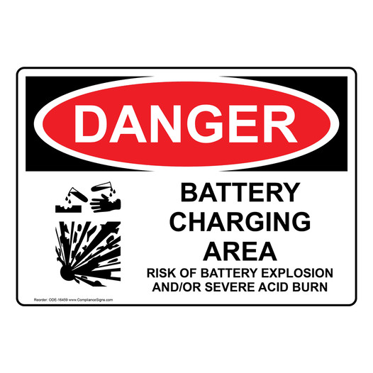 OSHA DANGER Battery Charging Area Risks Sign With Symbol ODE-16459