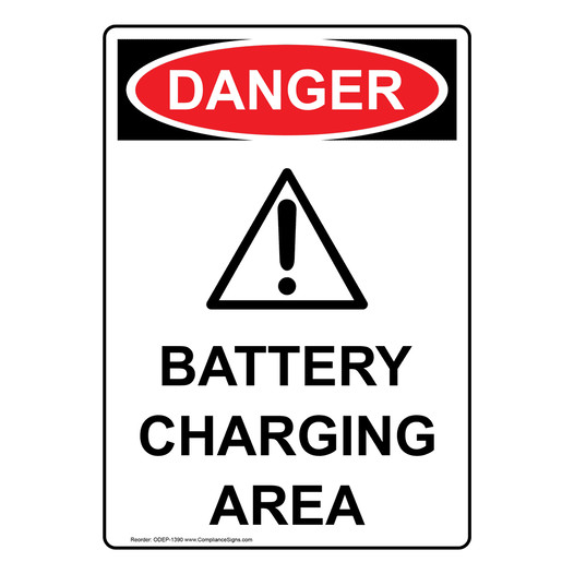 Portrait OSHA DANGER Battery Charging Area Sign With Symbol ODEP-1390