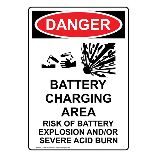Portrait OSHA DANGER Battery Charging Area Sign With Symbol ODEP-16459