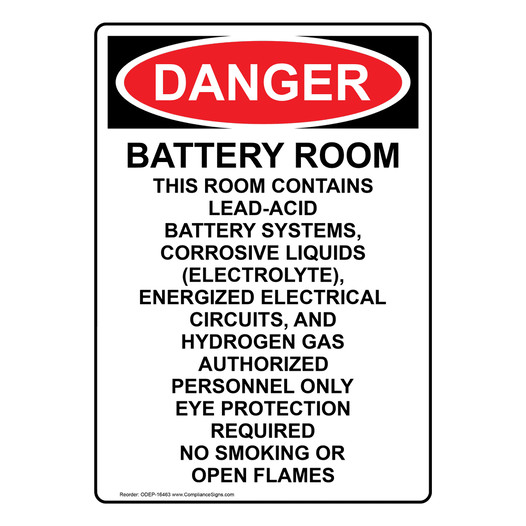 Portrait OSHA DANGER Battery Room Contains Lead-Acid Sign ODEP-16463
