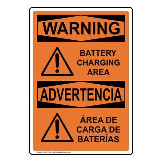 English + Spanish OSHA WARNING Battery Charging Area Sign With Symbol OWB-1390