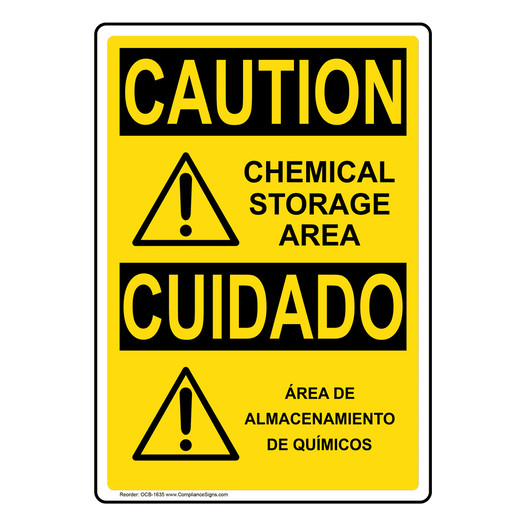 English + Spanish OSHA CAUTION Chemical Storage Area Sign With Symbol OCB-1635