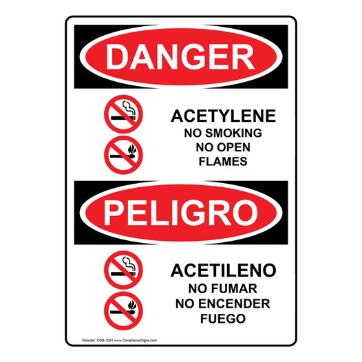 English + Spanish OSHA DANGER Acetylene No Smoking No Open Flame Sign With Symbol ODB-1091