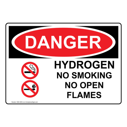 OSHA DANGER Hydrogen No Smoking No Open Flames Sign With Symbol ODE-3935