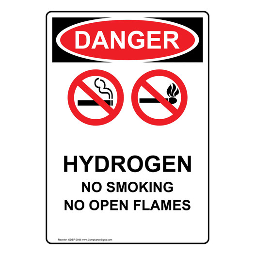 Portrait OSHA DANGER Hydrogen No Smoking Sign With Symbol ODEP-3935