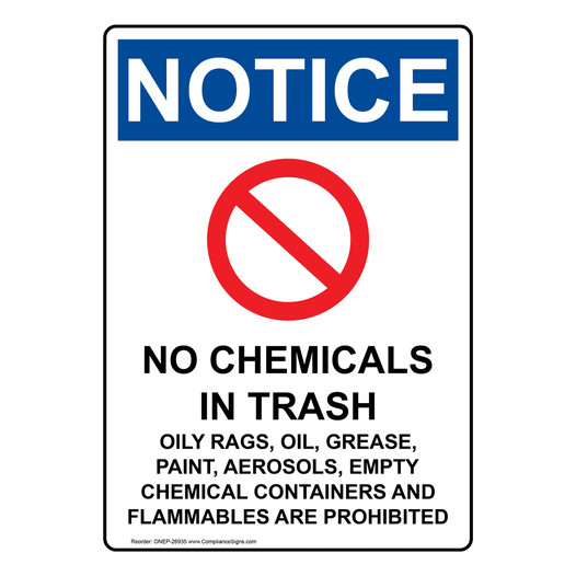 Portrait OSHA NOTICE No Chemicals Sign With Symbol ONEP-26935