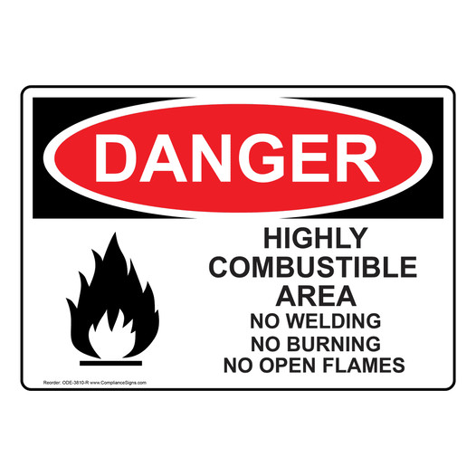 OSHA DANGER Highly Combustible Area No Welding Burning Sign With Symbol ODE-3810-R