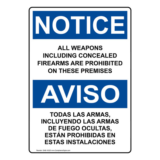 English + Spanish OSHA NOTICE Concealed Firearms Prohibited Sign ONB-16325