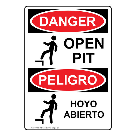 English + Spanish OSHA DANGER Open Pit Sign With Symbol