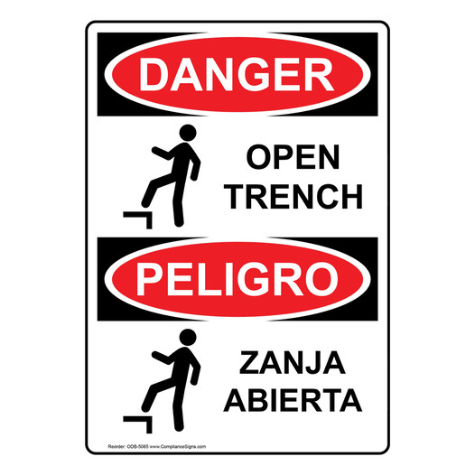 English + Spanish OSHA DANGER Open Trench Sign With Symbol ODB-5065
