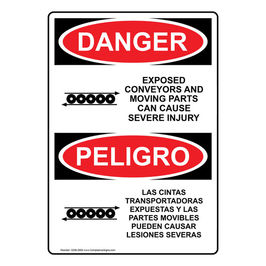 English + Spanish OSHA DANGER Exposed Conveyors And Moving Parts Sign With Symbol ODB-2900