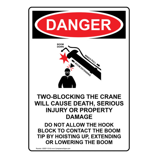 Portrait OSHA DANGER Two-Blocking The Crane Sign With Symbol ODEP-13103
