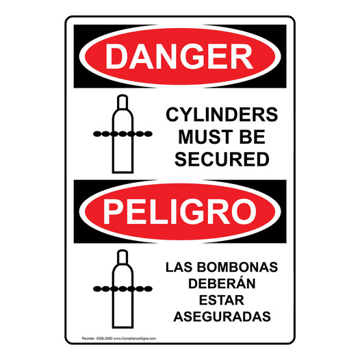 English + Spanish OSHA DANGER Cylinders Must Be Secured Sign With Symbol