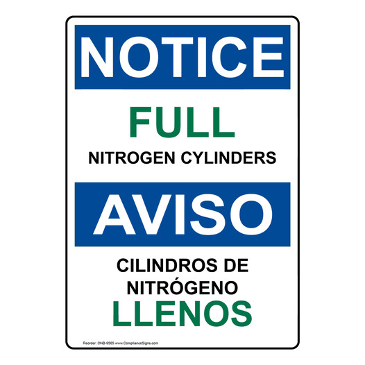 English + Spanish OSHA NOTICE Full Nitrogen Cylinders Sign ONB-9565