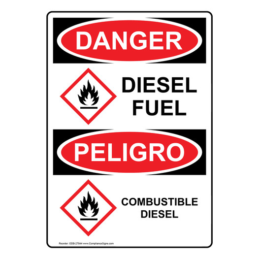 English + Spanish OSHA DANGER Diesel Fuel Sign With GHS Symbol ODB-27844