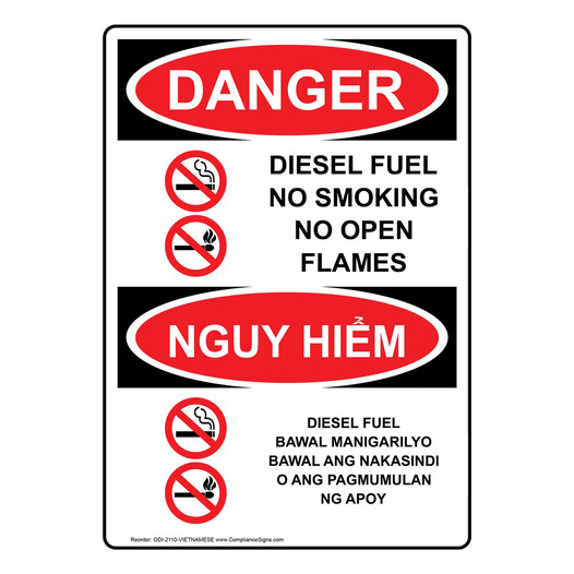 English + Vietnamese OSHA DANGER Diesel Fuel No Smoking Sign With Symbol - ODI-2110-VIETNAMESE