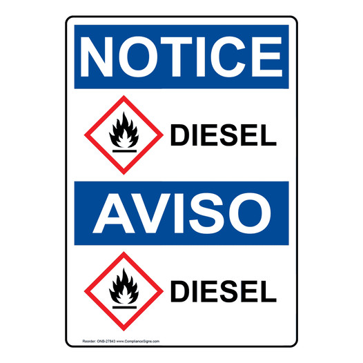 English + Spanish OSHA NOTICE Diesel Sign With GHS Symbol ONB-27843