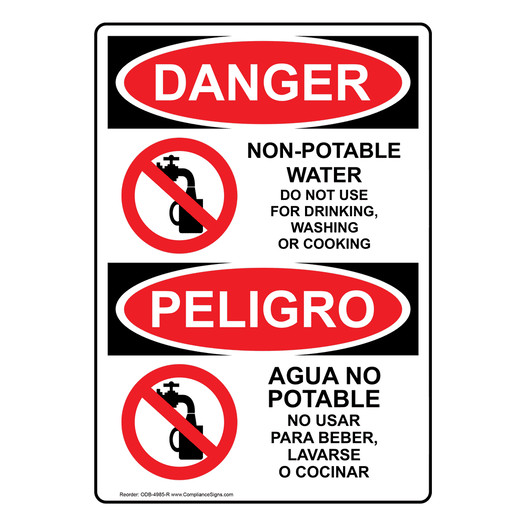 English + Spanish OSHA DANGER Non-Potable Water Do Not Use For Drinking Sign With Symbol