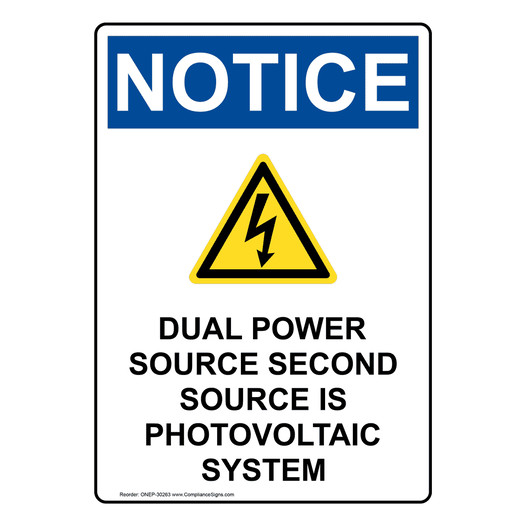 Portrait OSHA NOTICE Dual Power Source Sign With Symbol ONEP-30263
