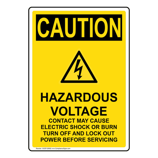 Portrait OSHA CAUTION Hazardous Voltage Sign With Symbol OCEP-28582