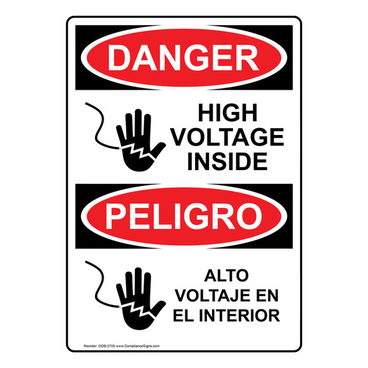 English + Spanish OSHA DANGER High Voltage Inside Sign With Symbol ODB-3705