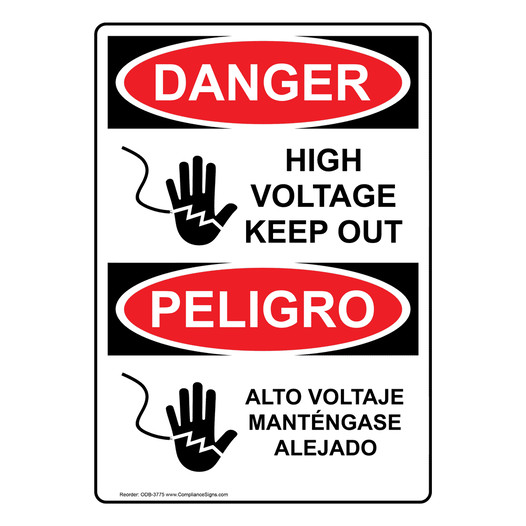 English + Spanish OSHA DANGER High Voltage Keep Out Sign With Symbol
