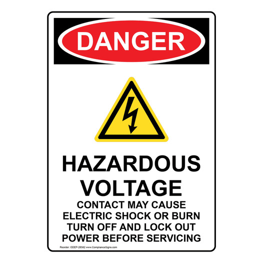 Portrait OSHA DANGER Hazardous Voltage Sign With Symbol ODEP-28582