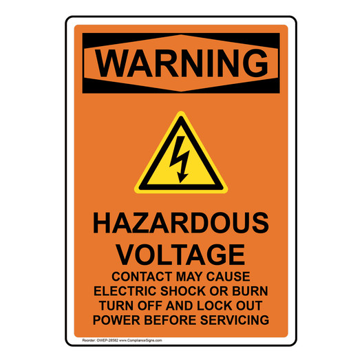 Portrait OSHA WARNING Hazardous Voltage Sign With Symbol