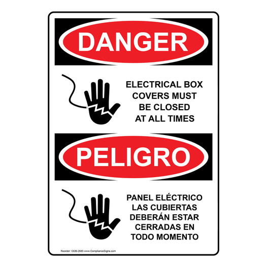 English + Spanish OSHA DANGER Electrical Box Covers Sign With Symbol ODB-2685
