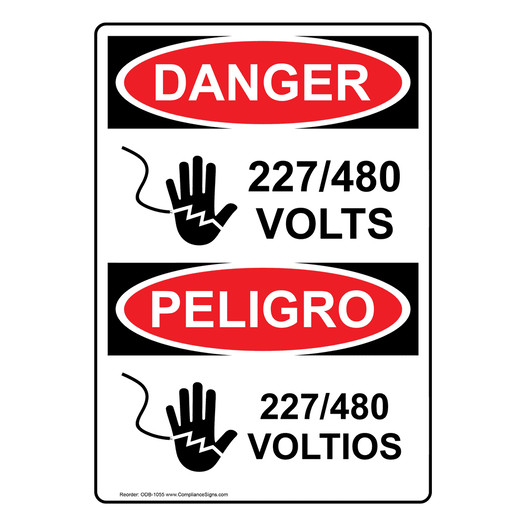 English + Spanish OSHA DANGER 277/480 Volts Sign With Symbol ODB-1055