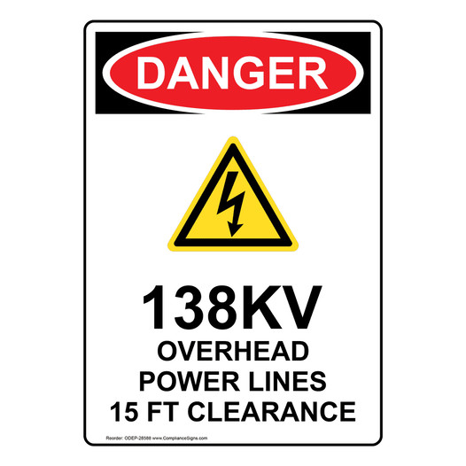 Portrait OSHA DANGER 138Kv Overhead Power Sign With Symbol ODEP-28588