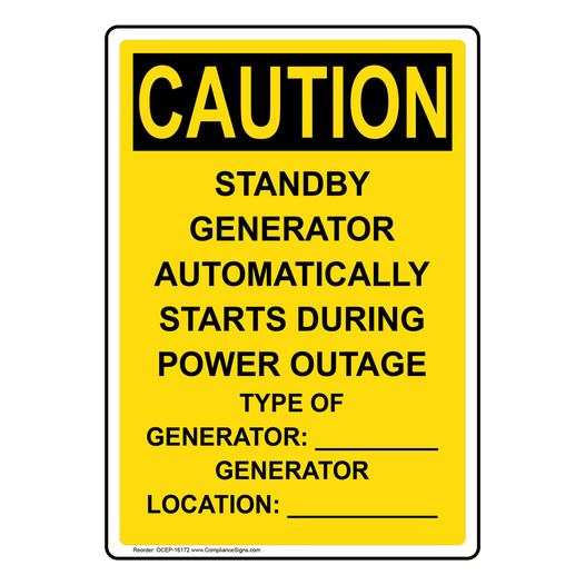 Portrait OSHA CAUTION Standby Generator Automatically Starts Sign OCEP-16172