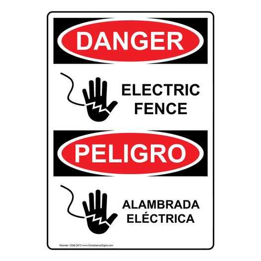 English + Spanish OSHA DANGER Electric Fence Sign With Symbol ODB-2675