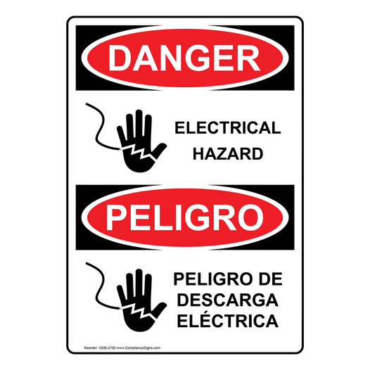 English + Spanish OSHA DANGER Electrical Hazard Sign With Symbol ODB-2700