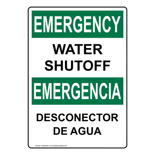 English + Spanish OSHA EMERGENCY Water Shutoff Sign OEB-8564