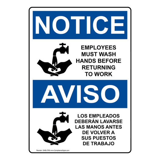 English + Spanish OSHA NOTICE Employees Must Wash Hands Sign With Symbol ONB-2780