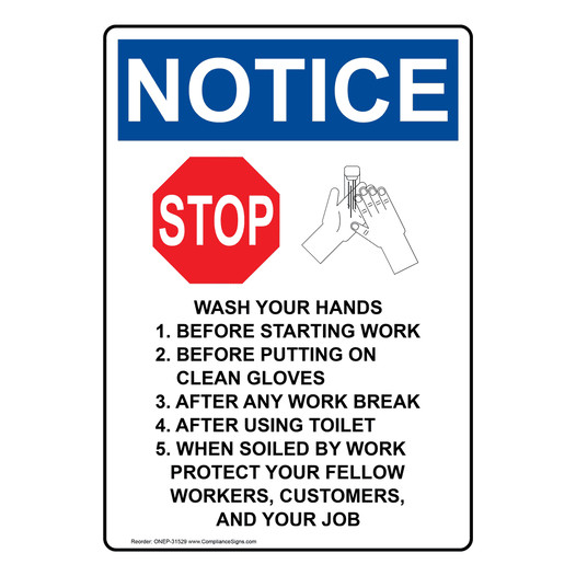 Portrait OSHA NOTICE Wash Your Hands 1. Sign With Symbol ONEP-31529