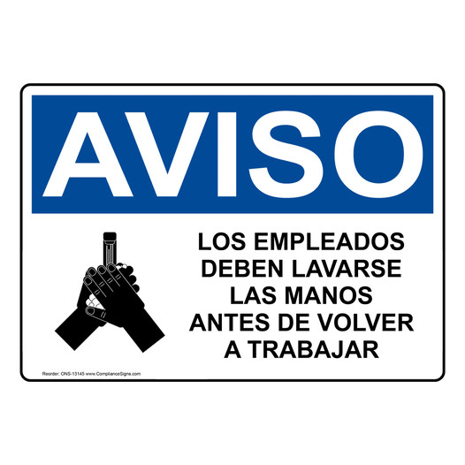 Spanish OSHA NOTICE Employees Must Wash Hands Sign With Symbol - ONS-13145