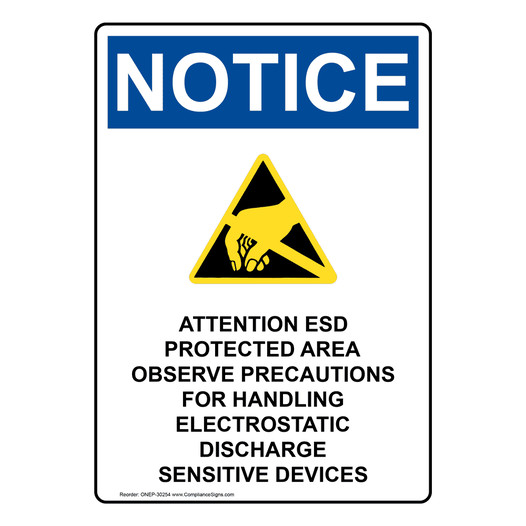 Portrait OSHA NOTICE Attention ESD Protected Sign With Symbol ONEP-30254