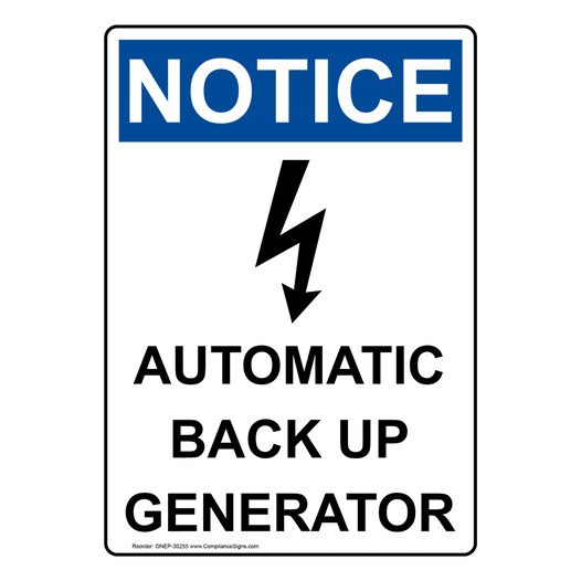 Portrait OSHA NOTICE Automatic Back Up Generator Sign With Symbol ONEP-30255