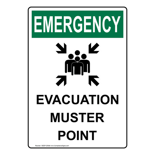 Portrait OSHA EMERGENCY Evacuation Muster Point Sign With Symbol OEEP-25598