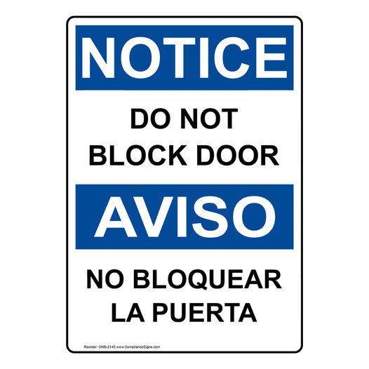 English + Spanish OSHA NOTICE Do Not Block Door Sign ONB-2145