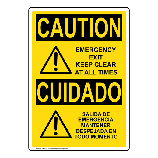 English + Spanish OSHA CAUTION Emergency Exit Keep Clear Sign With Symbol OCB-2755