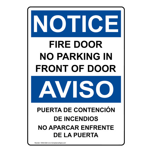 English + Spanish OSHA NOTICE Fire Door No Parking Sign ONB-3026