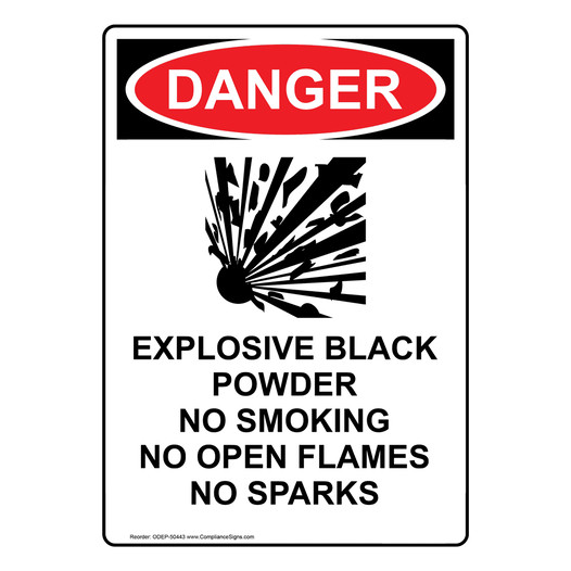 Portrait OSHA DANGER EXPLOSIVE BLACK POWDER Sign with Symbol ODEP-50443