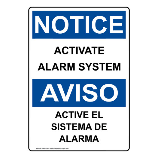 English + Spanish OSHA NOTICE Activate Alarm System Sign ONB-7868